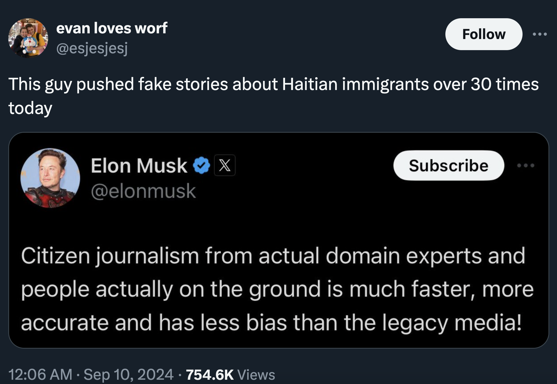 screenshot - evan loves worf This guy pushed fake stories about Haitian immigrants over 30 times today Elon Musk X Subscribe Citizen journalism from actual domain experts and people actually on the ground is much faster, more accurate and has less bias th